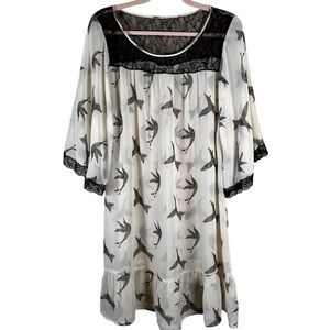 NWT Black Rainn Women's Bird Print Lace Tunic Dress Black Cream Size M Bohemian